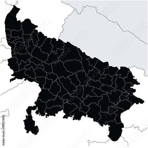 Detailed Black Silhouette vector Illustration of Uttar Pradesh map State and District map with neighbour geographical map of Uttar Pradesh