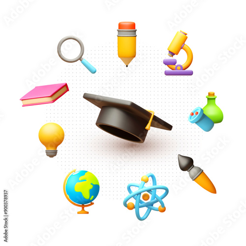 Education concept. Learning design with graduate hat and symbols of sciences