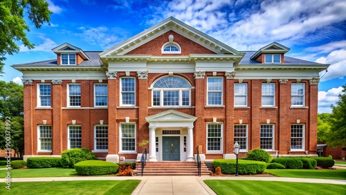 Classic Brick Building with Green Lawn and Blue Sky.