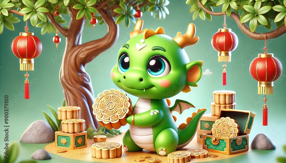 Obraz premium A little dragon holds mooncakes on Chinese Mid-Autumn Festival