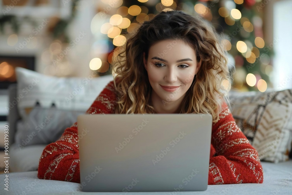 Beautiful woman lying on the couch shopping online using a laptop. Beautiful woman lying on the couch shopping online using a laptop.