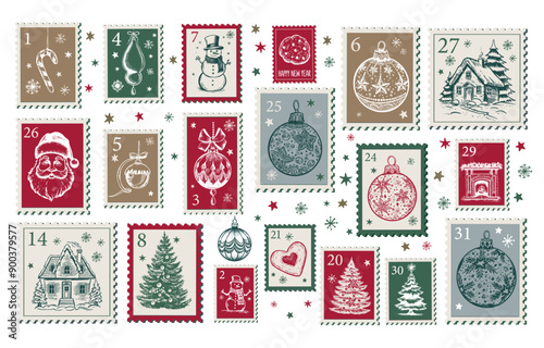 Advent calendar, Christmas Stamps, mail, postcard hand drawn illustrations.	