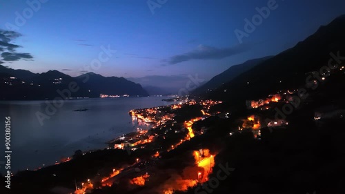 Aerial night lowlight drone shot of Brenzone di Garda, Garda, Italy 