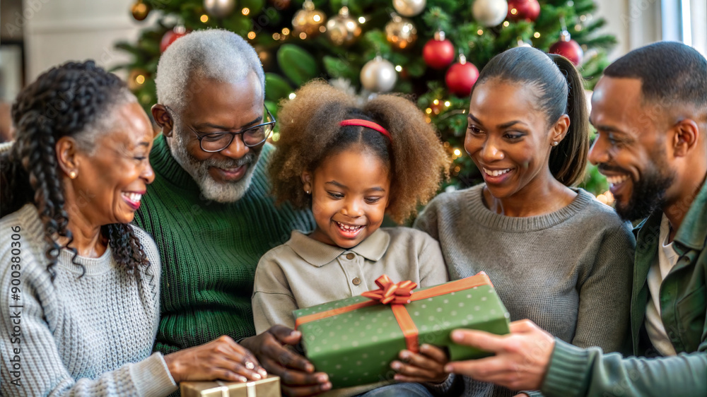 family, holidays, generation, christmas and people concept - happy family with gift boxes over living room at home