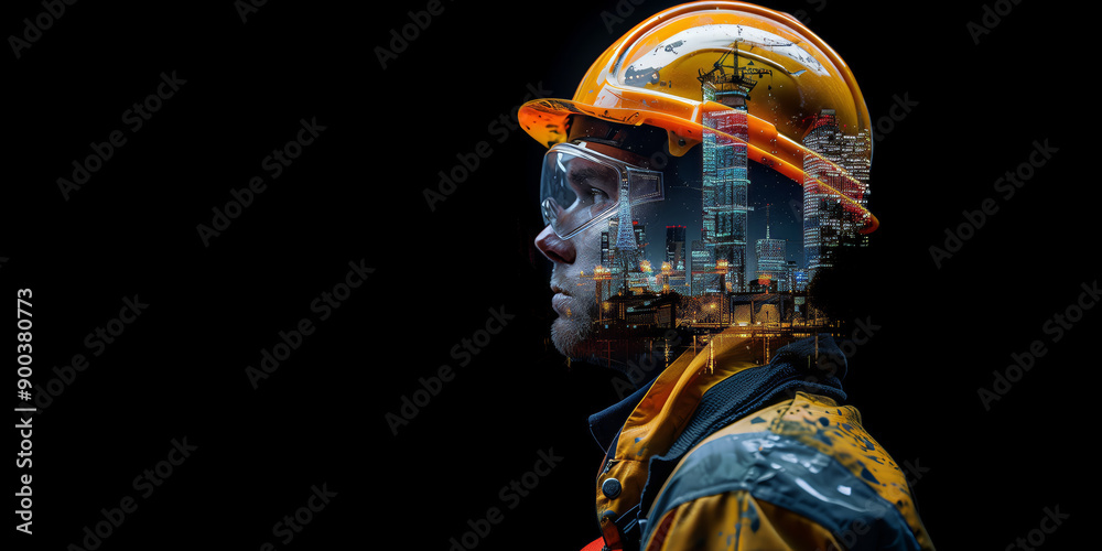 Double exposure of an engineer in a helmet and a gas platform on a dark background, for the oil and gas industry or occupational safety advertising. Side view on a dark background Double exposure of an engineer in a helmet and a gas platform on a dark background, for the oil and gas industry or occupational safety advertising. Side view on a dark background