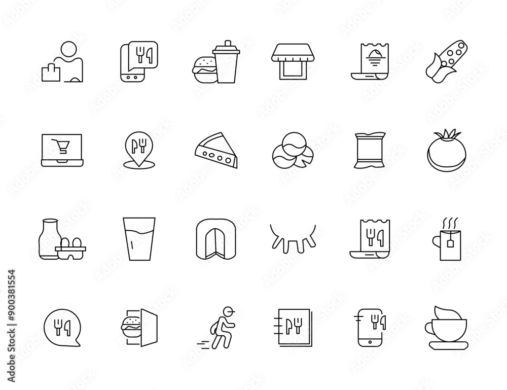 Food and drink icon collection set. Thin outline icons. Meat, milk, noodle, soup, bread, egg, cake, sweets, fruits, vegetables, drinks, nutrition, pizza, fish, sauce, cheese icon Food and drink icon collection set. Thin outline icons. Meat, milk, noodle, soup, bread, egg, cake, sweets, fruits, vegetables, drinks, nutrition, pizza, fish, sauce, cheese icon