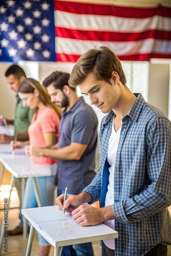 Portrait of a Handsome Young Man Filling Out a Ballot Next to a Voting Booth on the Day of National Elections in the United States. Adult Men and Women Voting for Elected Officials in the Background photo