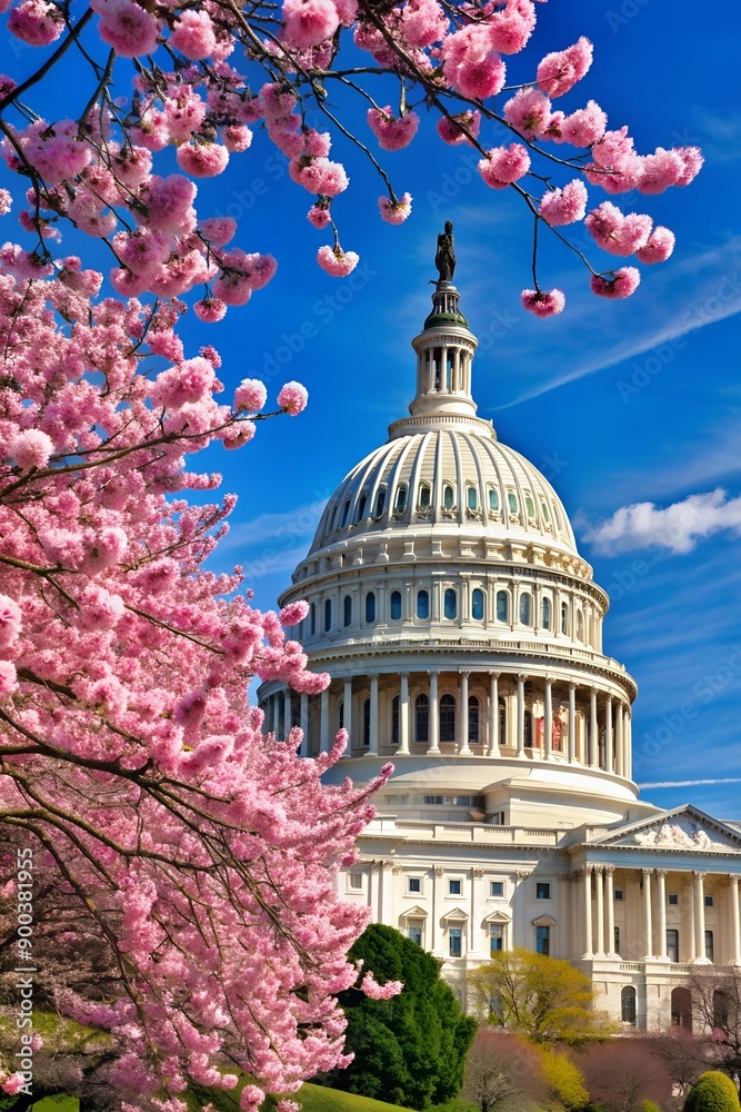 Capitol building near spring blossom magnolia tree. US National Capitol ...