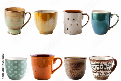 group of coffee cups sitting next to each other, charming assortment of coffee mug PNGs for cozy designs