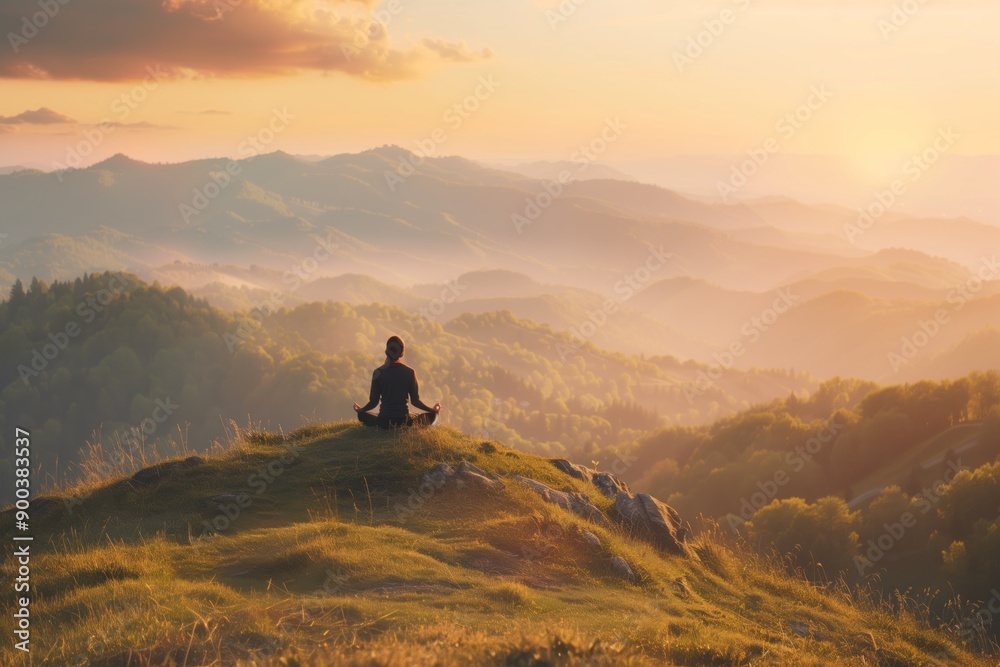 Person Meditating on a Mountain at Sunrise Person Meditating on a Mountain at Sunrise