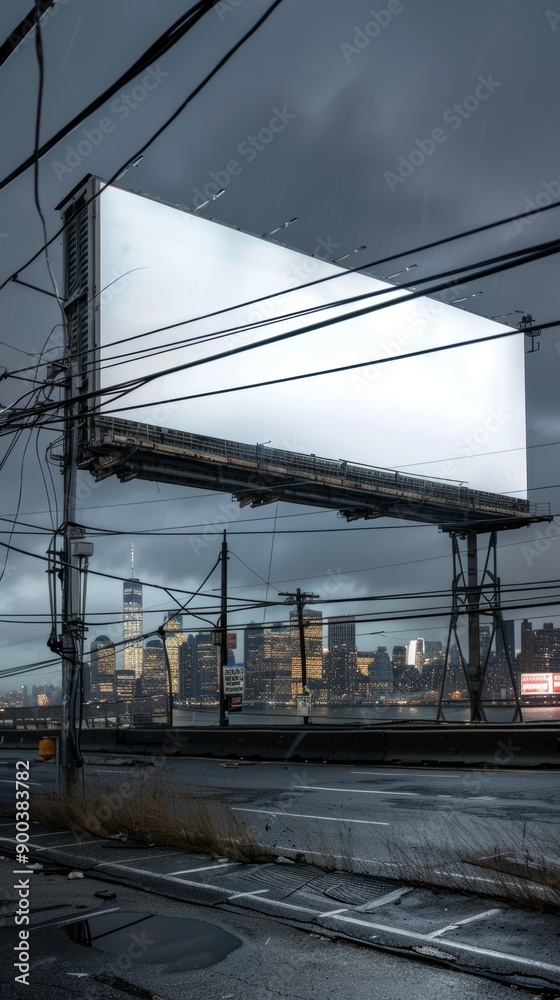 Fototapeta premium A vertical billboard fills 70 percent of the frame in the foreground, with the New York skyline in the background. Scattered phone lines crisscross the scene under a black, mysterious sky.