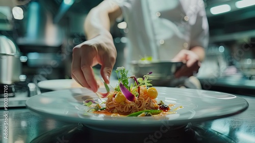 A chef presenting a beautifully plated dish in a professional kitchen