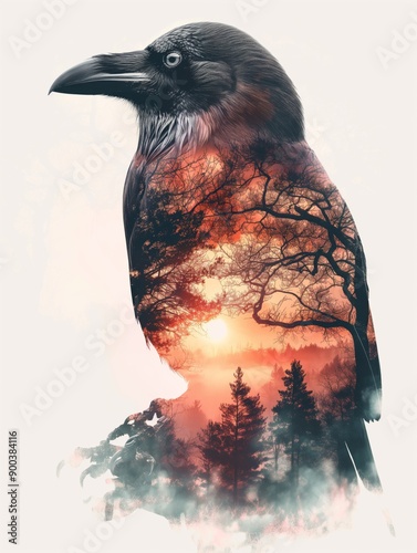 Raven with Forest Silhouette at Sunset