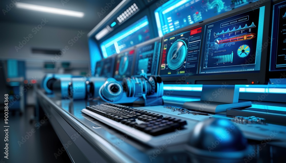 Modern computer workstation with advanced screens, glowing interfaces, and high-tech gear, perfect for tech-themed projects. Modern computer workstation with advanced screens, glowing interfaces, and high-tech gear, perfect for tech-themed projects.