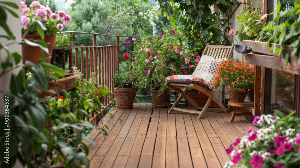 A charming balcony with vibrant flowers potted plants and a comfortable wooden chair creating a tranquil and inviting outdoor space A charming balcony with vibrant flowers potted plants and a comfortable wooden chair creating a tranquil and inviting outdoor space