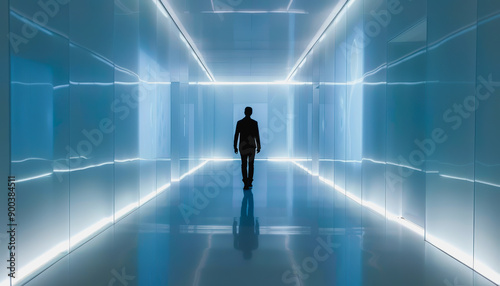 Modern hallway with glass walls, silhouette walking, futuristic feel, polished floors, soft light