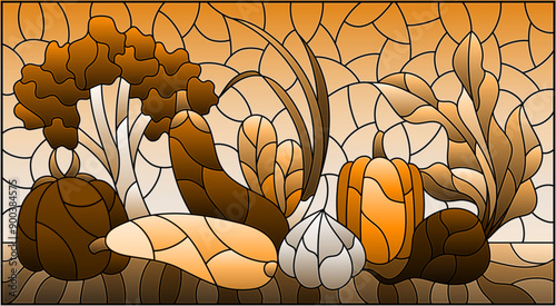 An illustration in the style of a stained glass window with a composition of ripe fresh vegetables on a table, tone brown