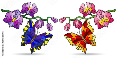 A set of contour illustrations in the style of stained glass with butterflies and orchid flowers, animals isolated on a white background