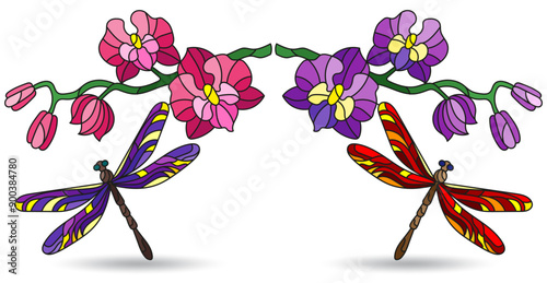 A set of contour illustrations in the style of stained glass with dragonflies and orchid flowers, animals isolated on a white background
