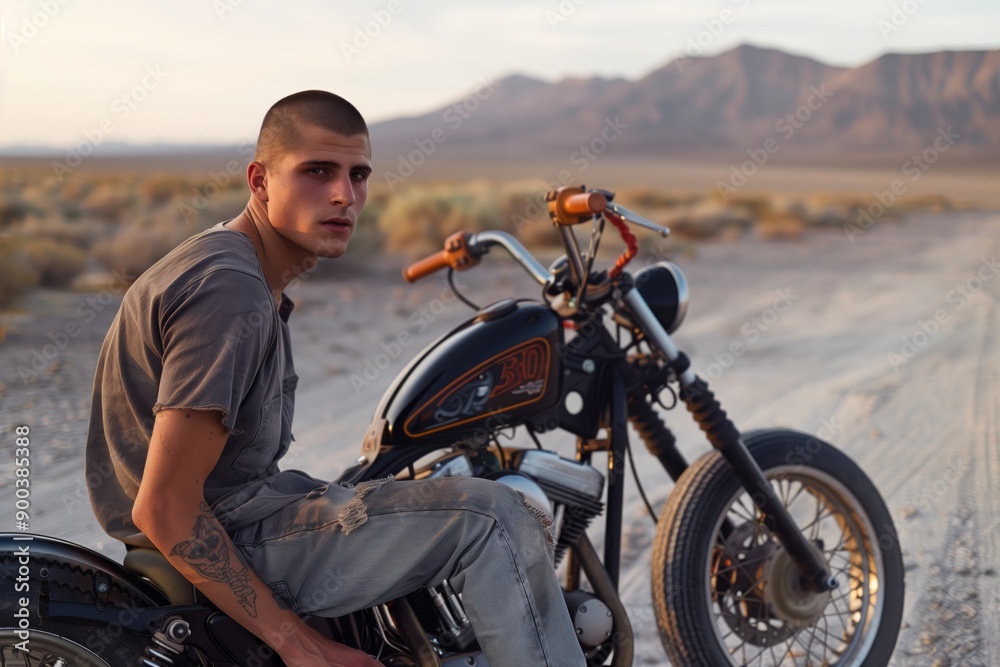 Portrait of a Man on a Motorcycle in a Desert Landscape