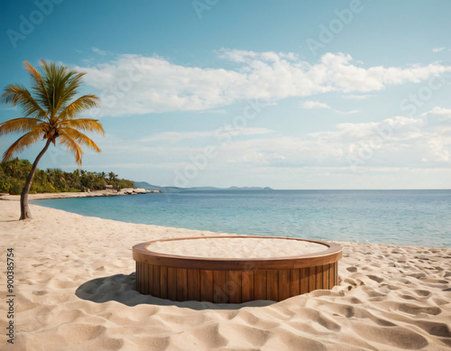 Beach podium summer background sand product 3D sea display platform. Beach podium summer banner stand scene sale sky holiday vacation stage water island sun travel pedestal promotion presentation ad. © Illustration