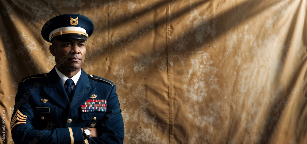 Confident military officer posing with folded arms and a banner background Confident military officer posing with folded arms and a banner background