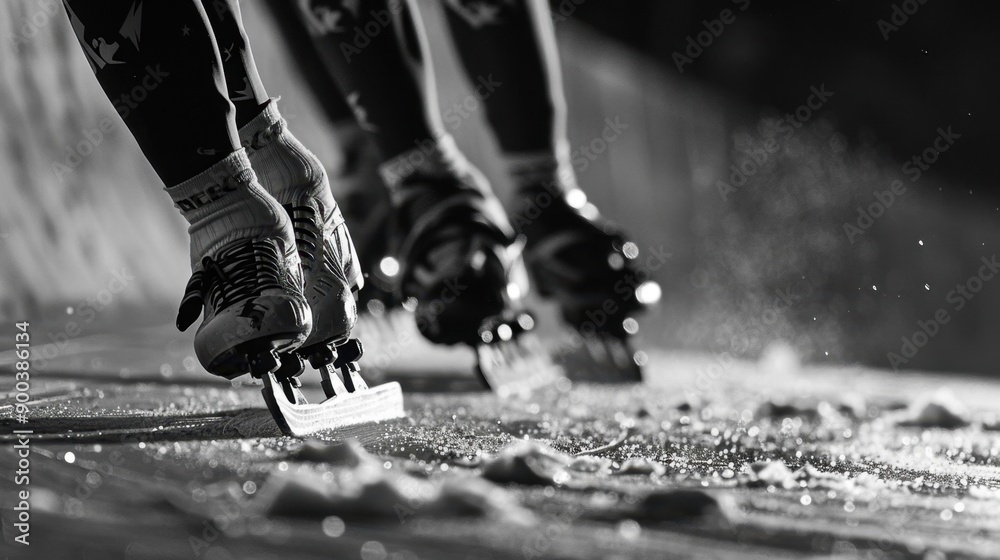 Two people are skating on ice with their skates on Two people are skating on ice with their skates on