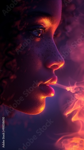 Side profile of a woman in orange light with smoke