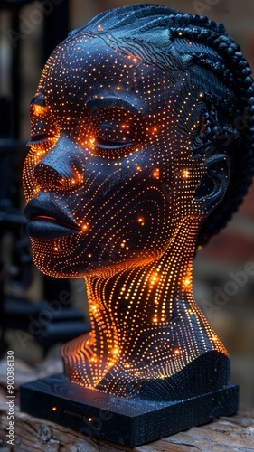 Futuristic sculpture of a woman's head with orange lights