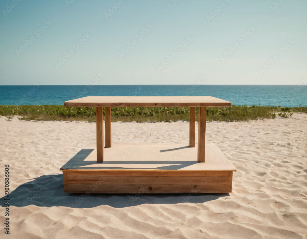 Beach podium summer background sand product 3D sea display platform. Beach podium summer banner stand scene sale sky holiday vacation stage water island sun travel pedestal promotion presentation ad.