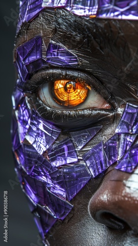 Close-up of a woman's eye with purple mosaic and orange light