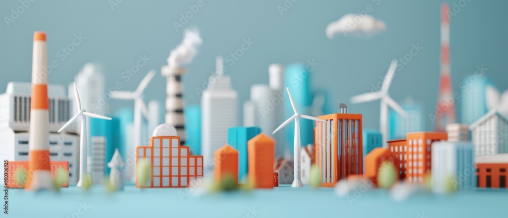 Fototapeta premium City of Contrasts, Eco-Friendly Oasis Amidst Industrial Pollution with Renewable Energy Highlights