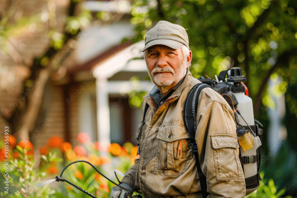Elderly Man Spraying Plants in His Garden Elderly Man Spraying Plants in His Garden