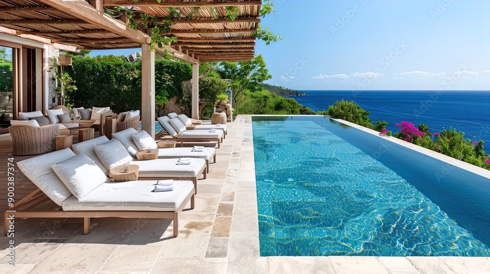 Fototapeta premium Modern Outdoor Pool Area with Breathtaking Ocean View - Ideal for Luxury Travel and Lifestyle Content