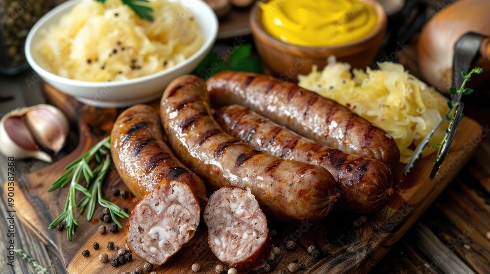 A hearty German sausage platter with sauerkraut and mustard A hearty German sausage platter with sauerkraut and mustard