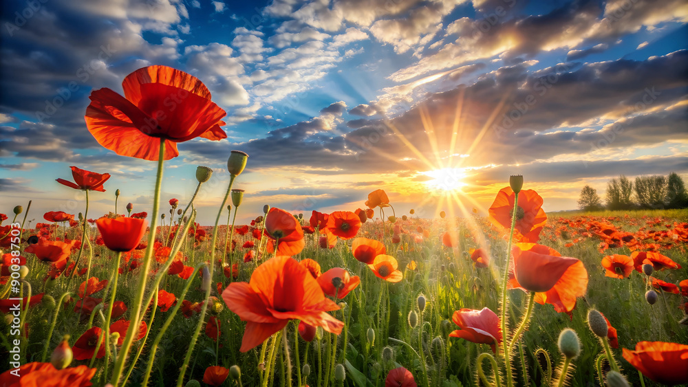 Obraz premium Field of red poppies at sunset