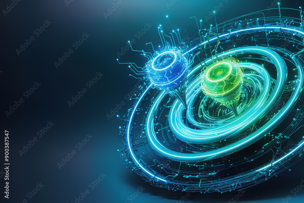 Two processors are connected and emitting neon light that forms a technological banner Two processors are connected and emitting neon light that forms a technological banner