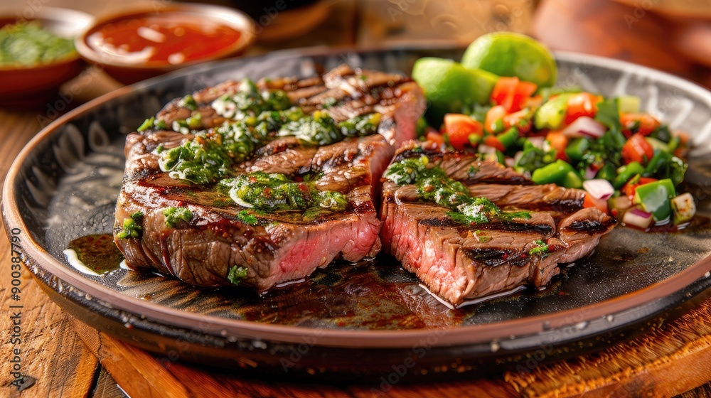 A mouth-watering Argentinian steak with chimichurri sauce and sides A mouth-watering Argentinian steak with chimichurri sauce and sides