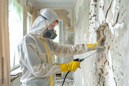 Beautiful pest control worker in uniform gracefully spraying pesticide on a damaged wall with a sprayer.