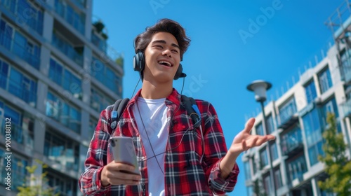 The young man in headphones photo