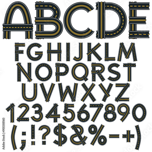Alphabet, letters, numbers and signs from the road surface, road. Isolated vector objects on white background.