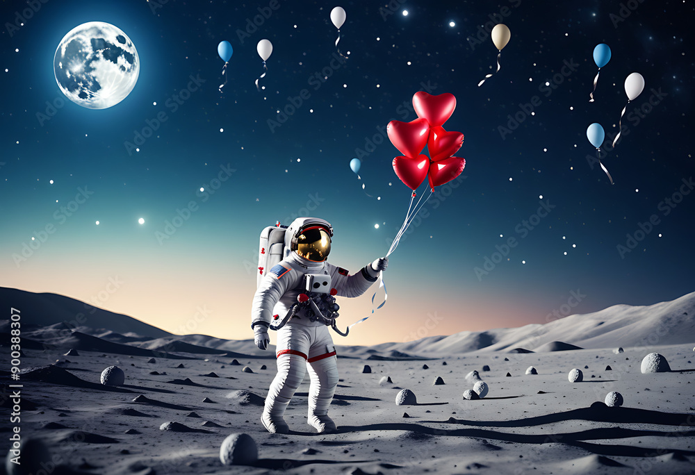 Obraz premium astronaut lunar surface holding balloons celestial skies love exploration theme high resolution high details vibrant