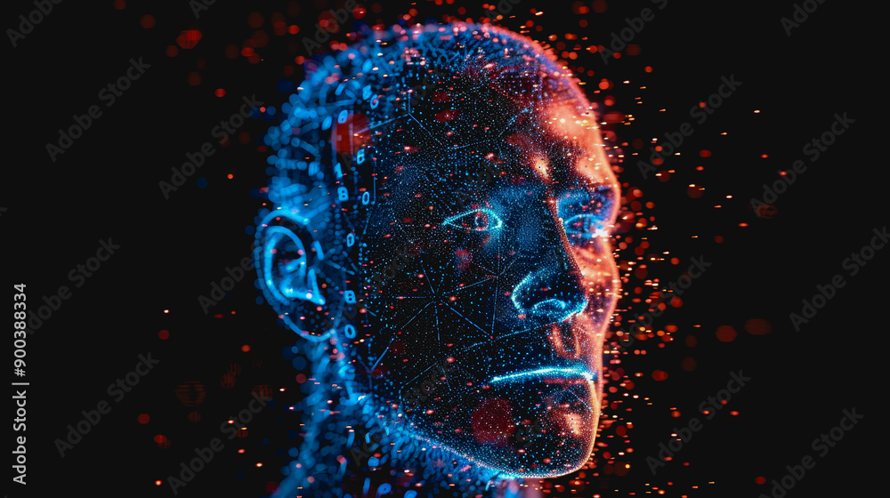 Digital face with advanced tech, neon blue and red lights, data streams, glowing particles, futuristic look Digital face with advanced tech, neon blue and red lights, data streams, glowing particles, futuristic look