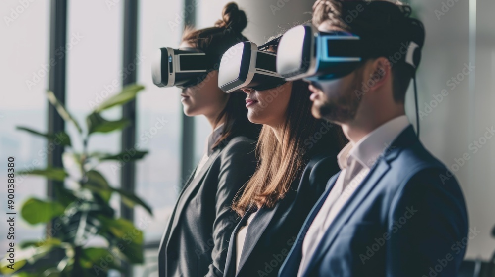 Three people wearing VR headsets stand in front of a plant Three people wearing VR headsets stand in front of a plant