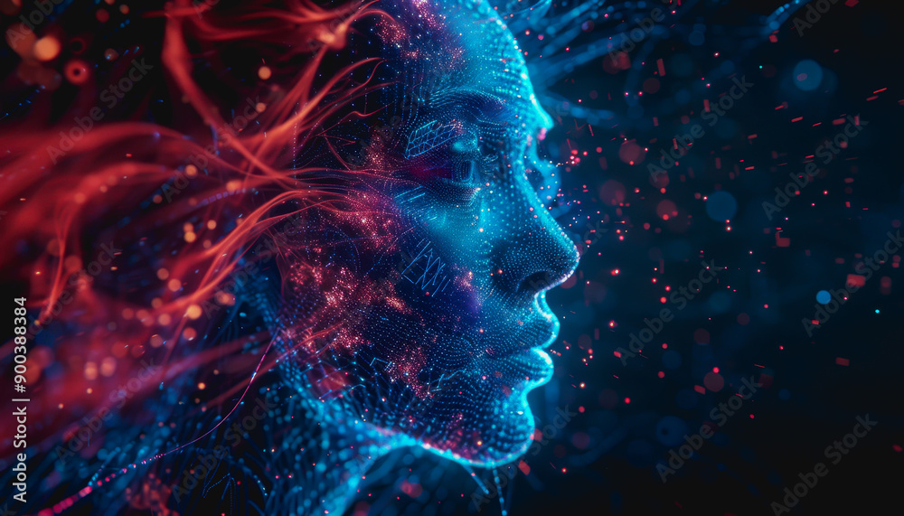 Digital face with advanced tech, neon blue and red lights, data streams, glowing particles, futuristic look Digital face with advanced tech, neon blue and red lights, data streams, glowing particles, futuristic look