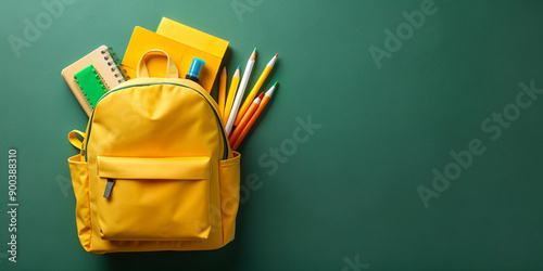 Welcome back to school. A new yellow school bag on isolated dark green background, back to school concept