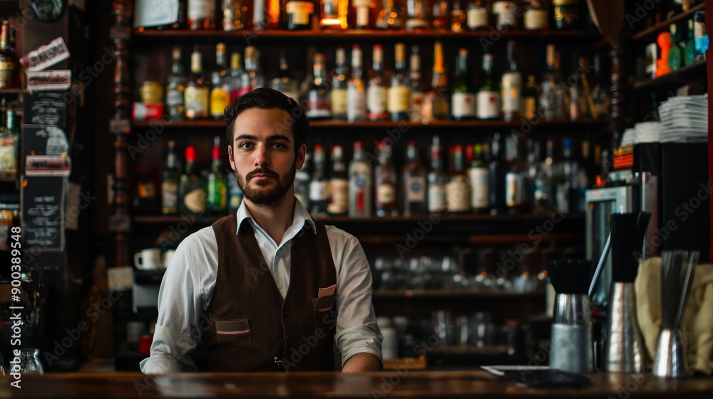 Young male bartender standing behind the bar counter in a dimly lit pub with shelves of liquor bottles in the background, wearing a brown vest and white shirt, looking confidently at the camera Young male bartender standing behind the bar counter in a dimly lit pub with shelves of liquor bottles in the background, wearing a brown vest and white shirt, looking confidently at the camera