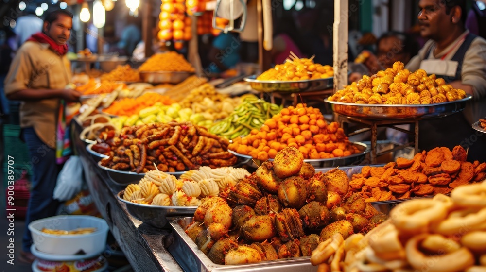 A vibrant Indian street food market with a variety of snacks and sweets A vibrant Indian street food market with a variety of snacks and sweets