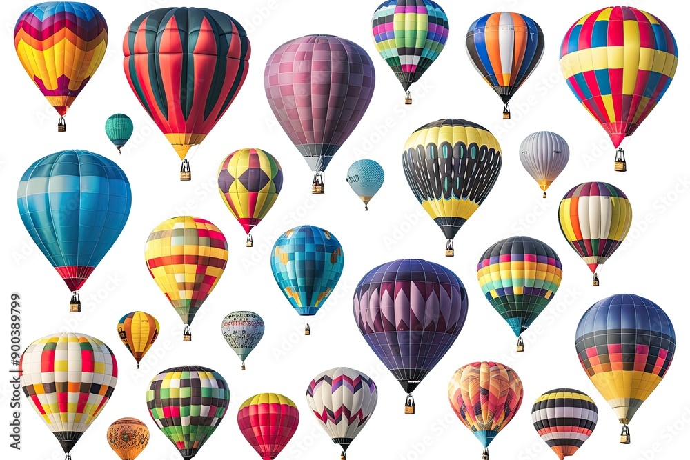 group of hot air balloons are shown, collection of brightly colored hot air balloons against white background group of hot air balloons are shown, collection of brightly colored hot air balloons against white background