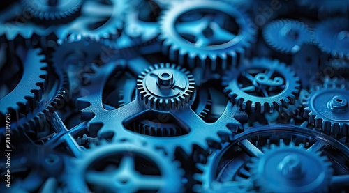 Gears and cogs macro in vintage old mechanism blue toned. AI generated illustration